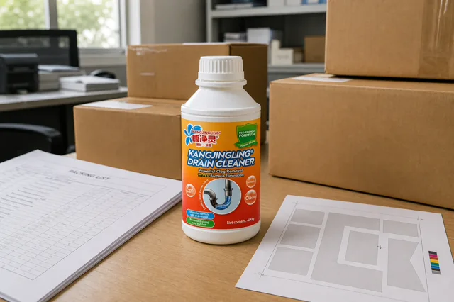 Qiaoshou drain cleaner bottle on a procurement desk with cartons, packing list and label proof for importer leak and warning-label review