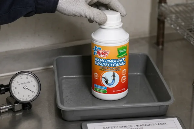 Qiaoshou drain cleaner bottle in a grey leak-test tray while a gloved hand checks the ribbed white safety cap beside a cap-torque gauge and warning-label checklist