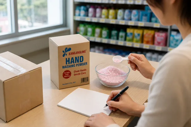 Qiaoshou hand washing powder carton on a retail sample table while a buyer checks pink powder with a measuring spoon and blank dosage notes