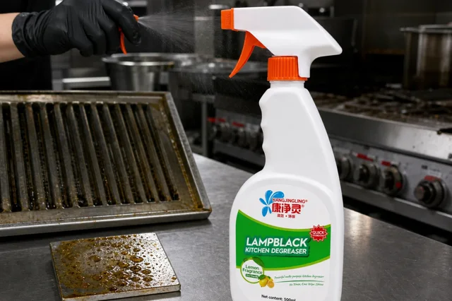 Qiaoshou kitchen degreaser trigger bottle on a stainless restaurant kitchen counter while a gloved hand checks the spray pattern beside a greasy range-hood filter