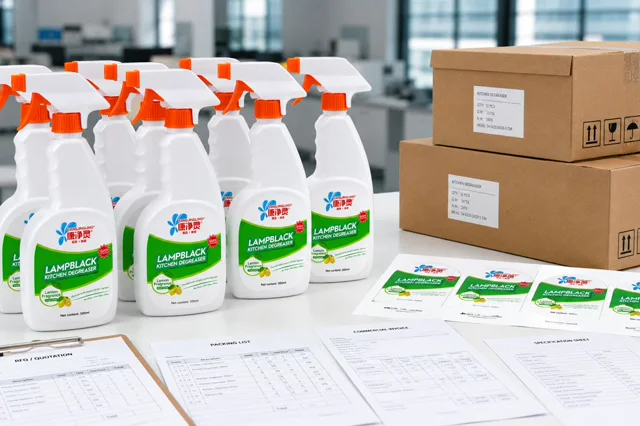 Qiaoshou kitchen degreaser bottles with shipping cartons, label sheets, RFQ quotation, packing list, invoice and warehouse checklist documents