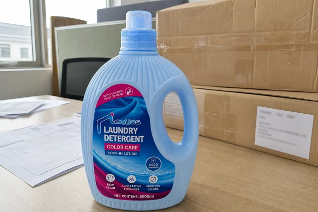 Real photo-style Qiaoshou laundry detergent bottle on an office desk with shipping cartons and packing documents for importer packaging review
