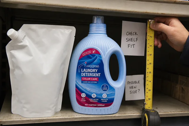 Qiaoshou laundry detergent bottle on a retail shelf with a tape measure, blank refill pouch sample and buyer notes for packaging review