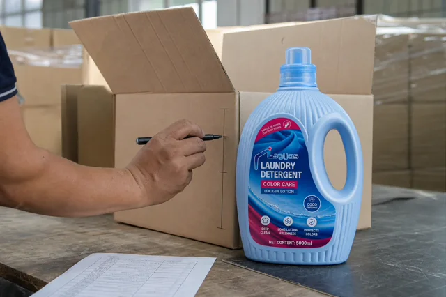 Qiaoshou laundry detergent bottle beside an open master carton while a worker marks bottle height for mixed-SKU carton planning